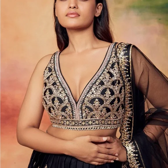 Black and Gold Embroidered Lehenga Set - Picture 2 of 12